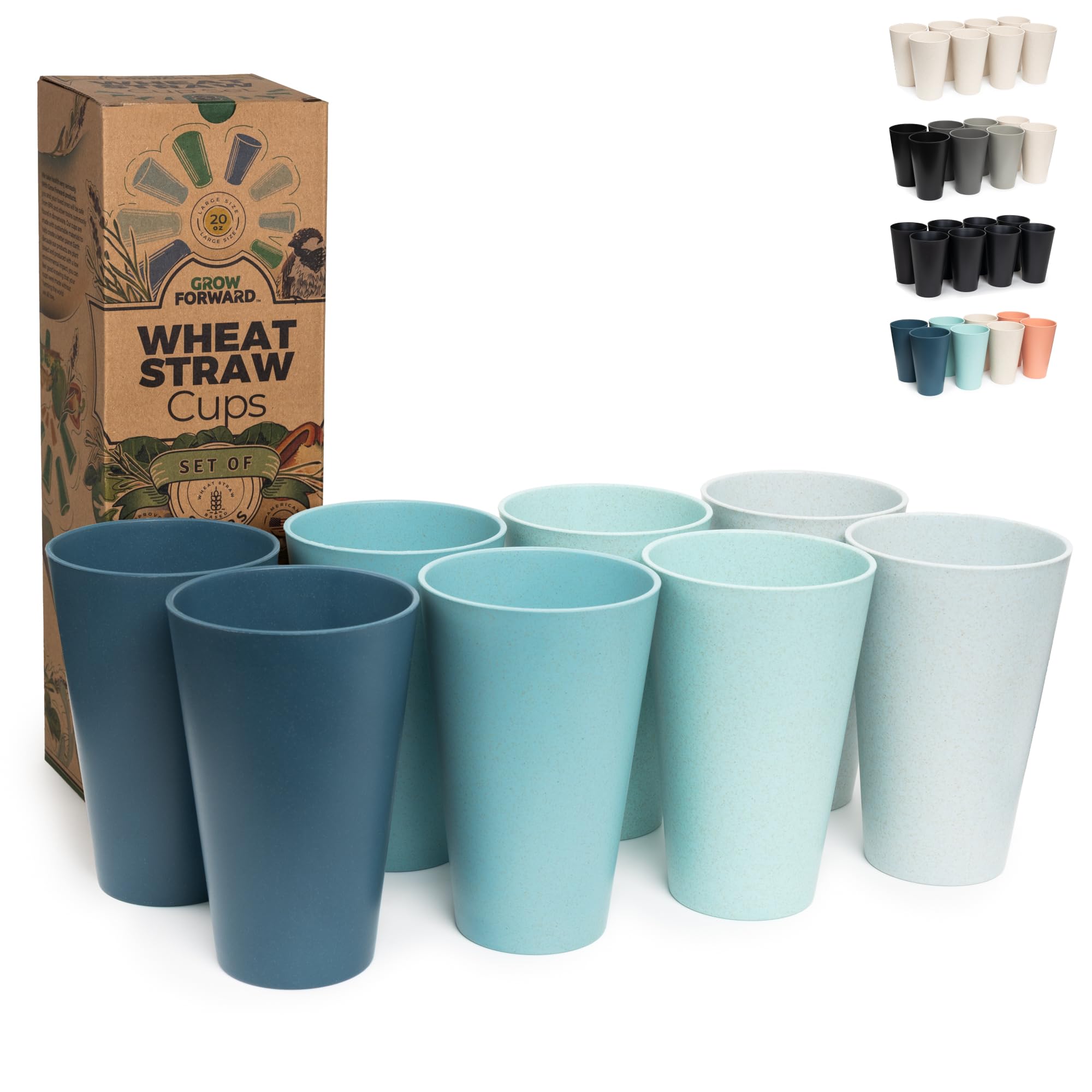Photo 1 of Grow Forward Premium Wheat Straw Cups - 20 oz Unbreakable BPA Free Hard Plastic Cups - Reusable Lightweight Plastic Drinking Glasses for Kitchen, Outdoor, Water, Camping, RV - Seascape