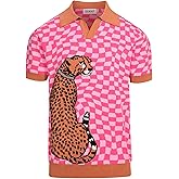 OXKNIT Men's Knitted Retro Poloshirt, 1960s Mod Style Vintage Plaid Shirt with Animal Pattern Rose Red