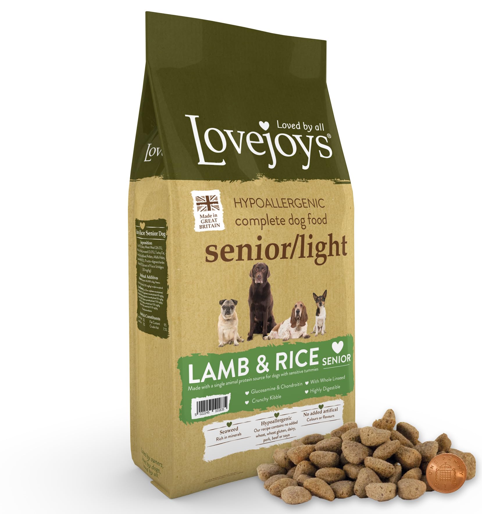Lovejoys Light/Senior Dry Dog Food Hypoallergenic, Lamb & Rice, 12kg - Complete Dog Kibble, Low Fat, Low Protein, Gluten Free Dog Food for Sensitive Stomach