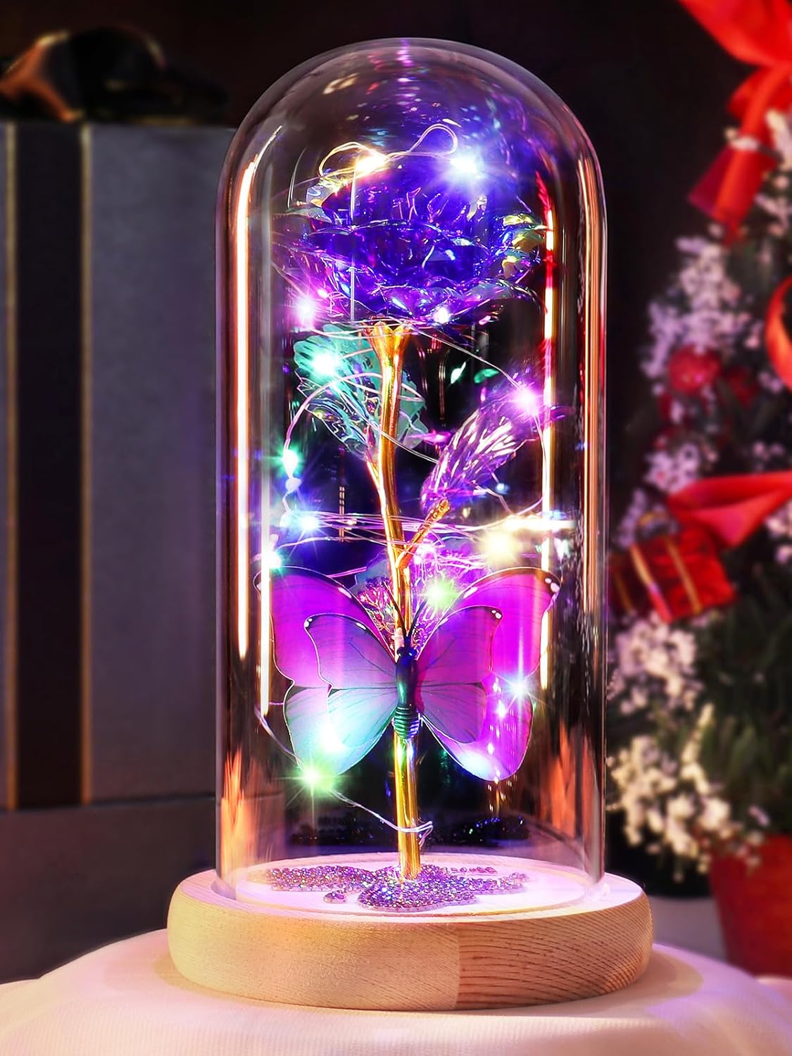 Dried & Preserved Flora - DEEMEI Womens Gifts for Christmas Rose Flower Gifts for Women,Birthday Gifts for Mom,Galaxy Purple Rose Gift for Xmas Crystal Flowers Light Up Rose in Glass Dome for Her