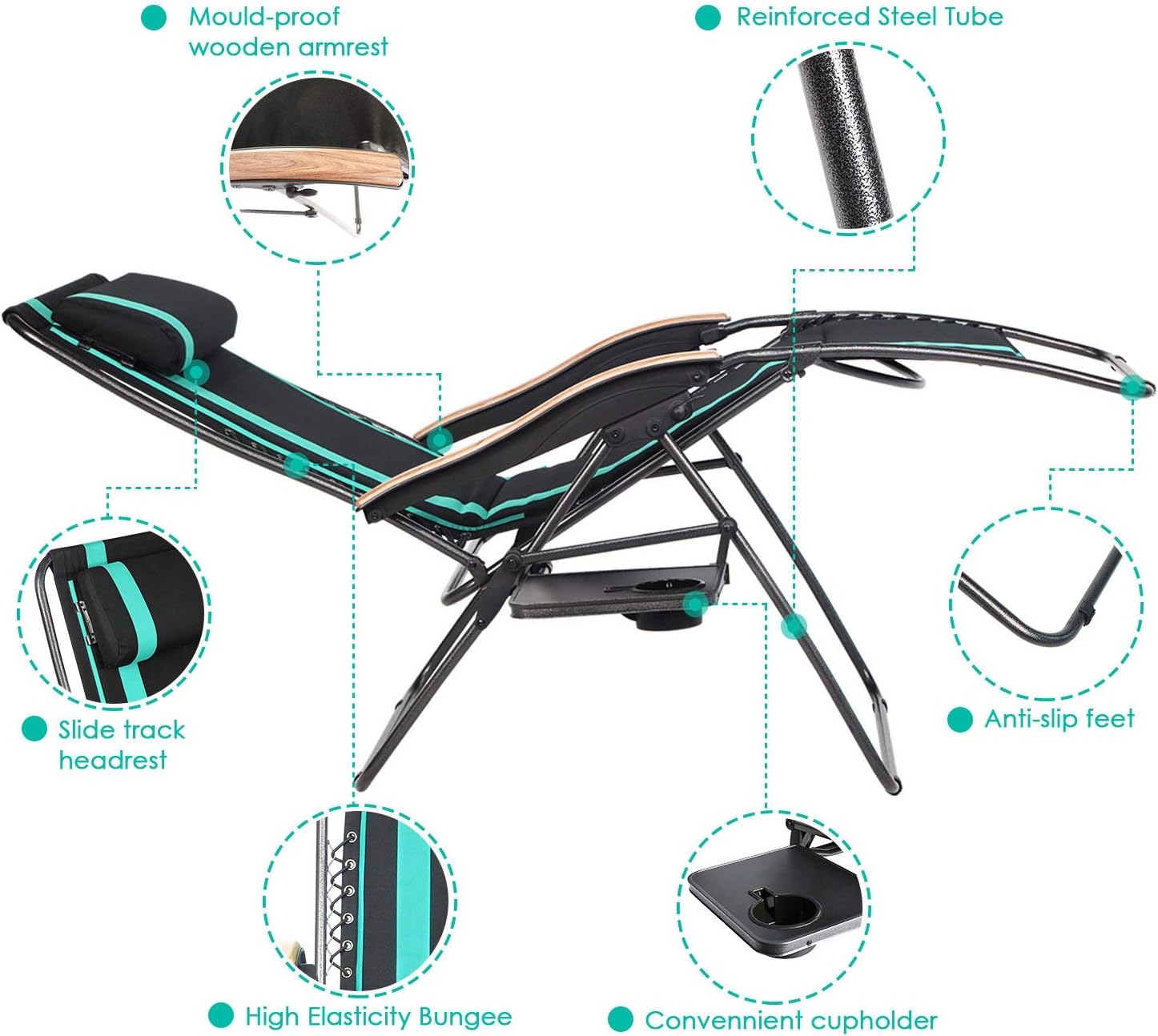 PORTAL Oversized Padded Zero Gravity Chair, XL Seat Adjustable Patio Lounge Recliner Chair with Lumbar Support Pillow and Side Table Support 350lbs: Kitchen & Dining