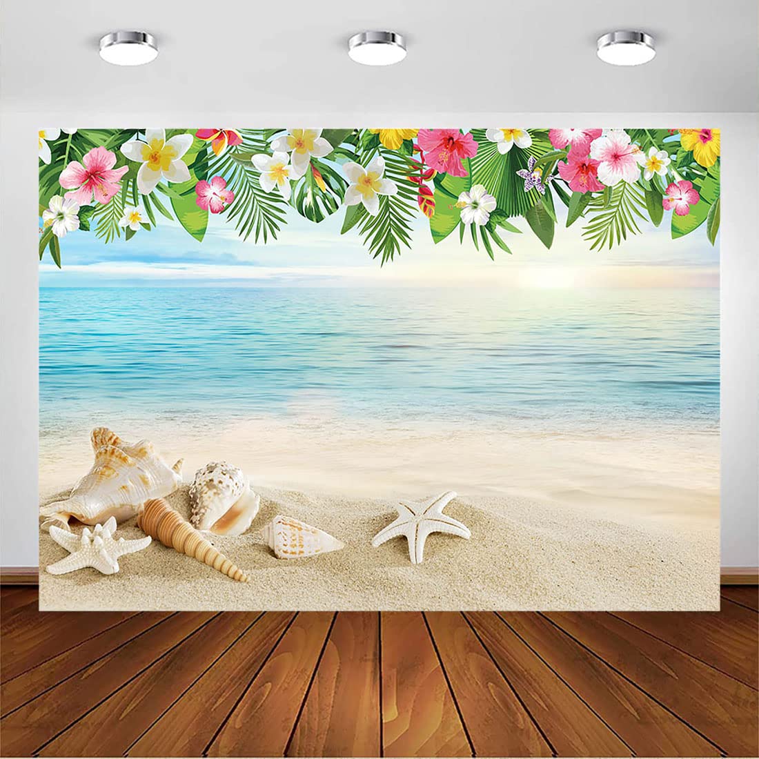 Avezano Beach Backdrop Seaside Floral Backdrops Hawaiian Theme Photography Background Hawaii Summer Birthday Luau Party Baby Shower Flower Sea Banner (7x5ft)
