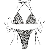 SEGT Women's 2 Piece Smocked Swimwear Leopard Print Bikini Set Cheetah Thong Bikini Halter Tie Neck Triangle Swimsuit