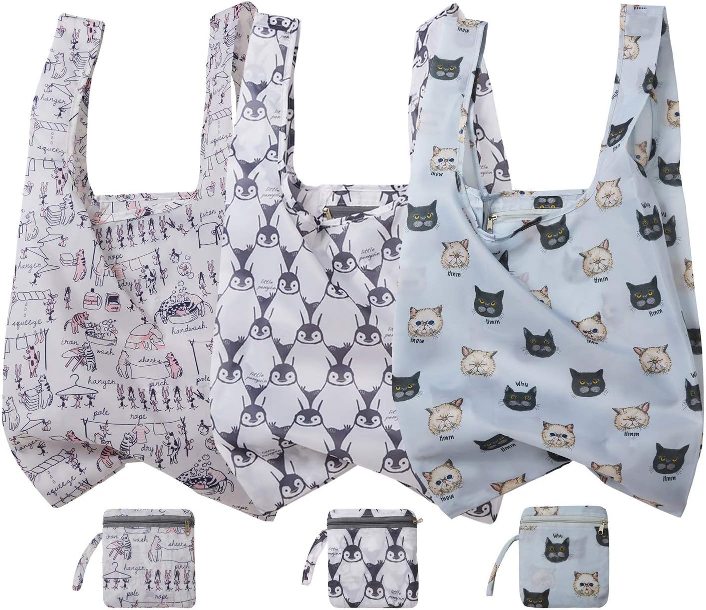 Yanzee Reusable Tote, Cat Grocery Shopping Bags with Zipper Pouch, Pack of 3, Foldable Washable, Eco Friendly Gifts (Collection of Cats and Penguins)
