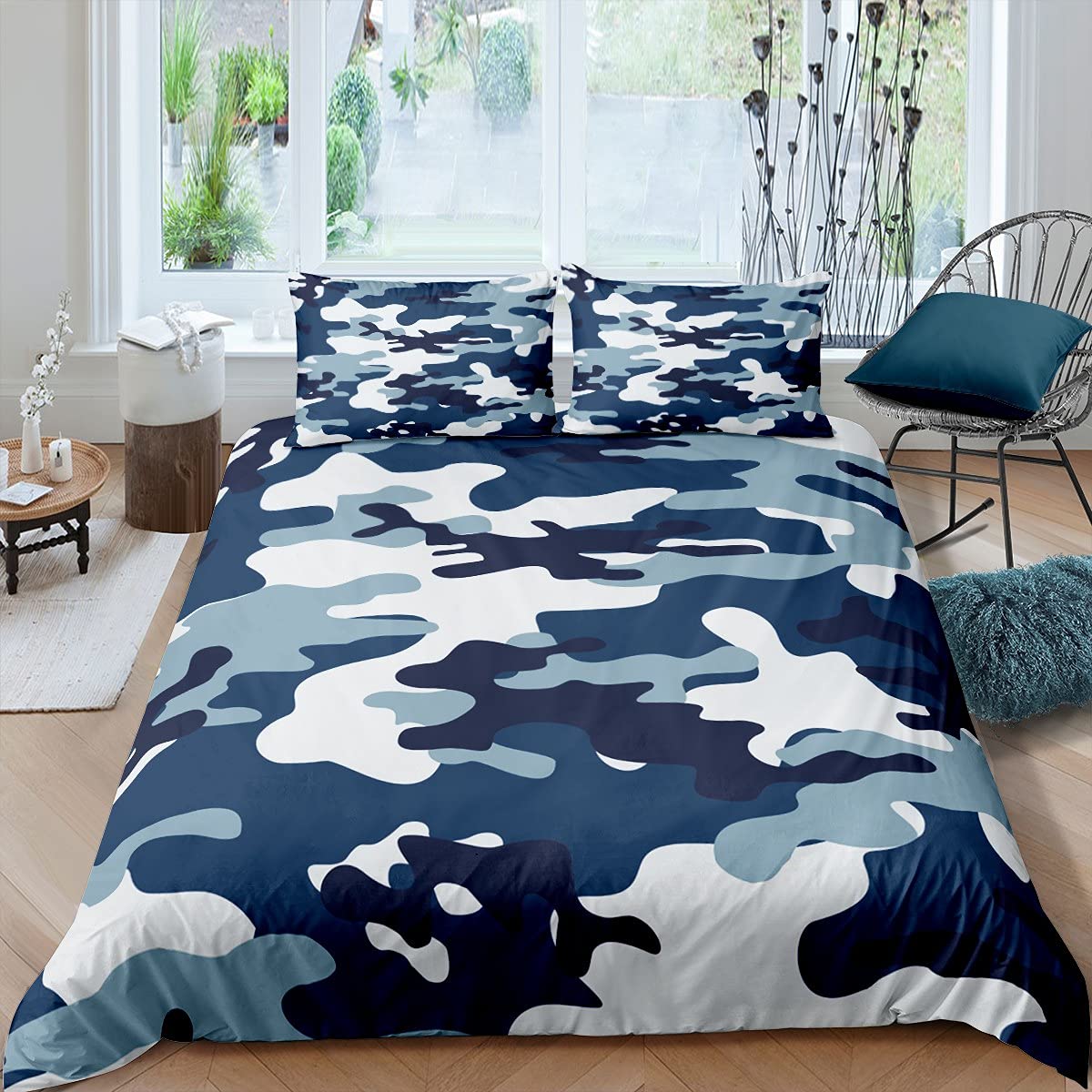 Boys Army Camouflage Bedding Set Teens Camo Duvet Cover Set for Kids Girls Adults Geometric Art Comforter Cover Dark Blue Quilt Cover 2Pcs Single Size