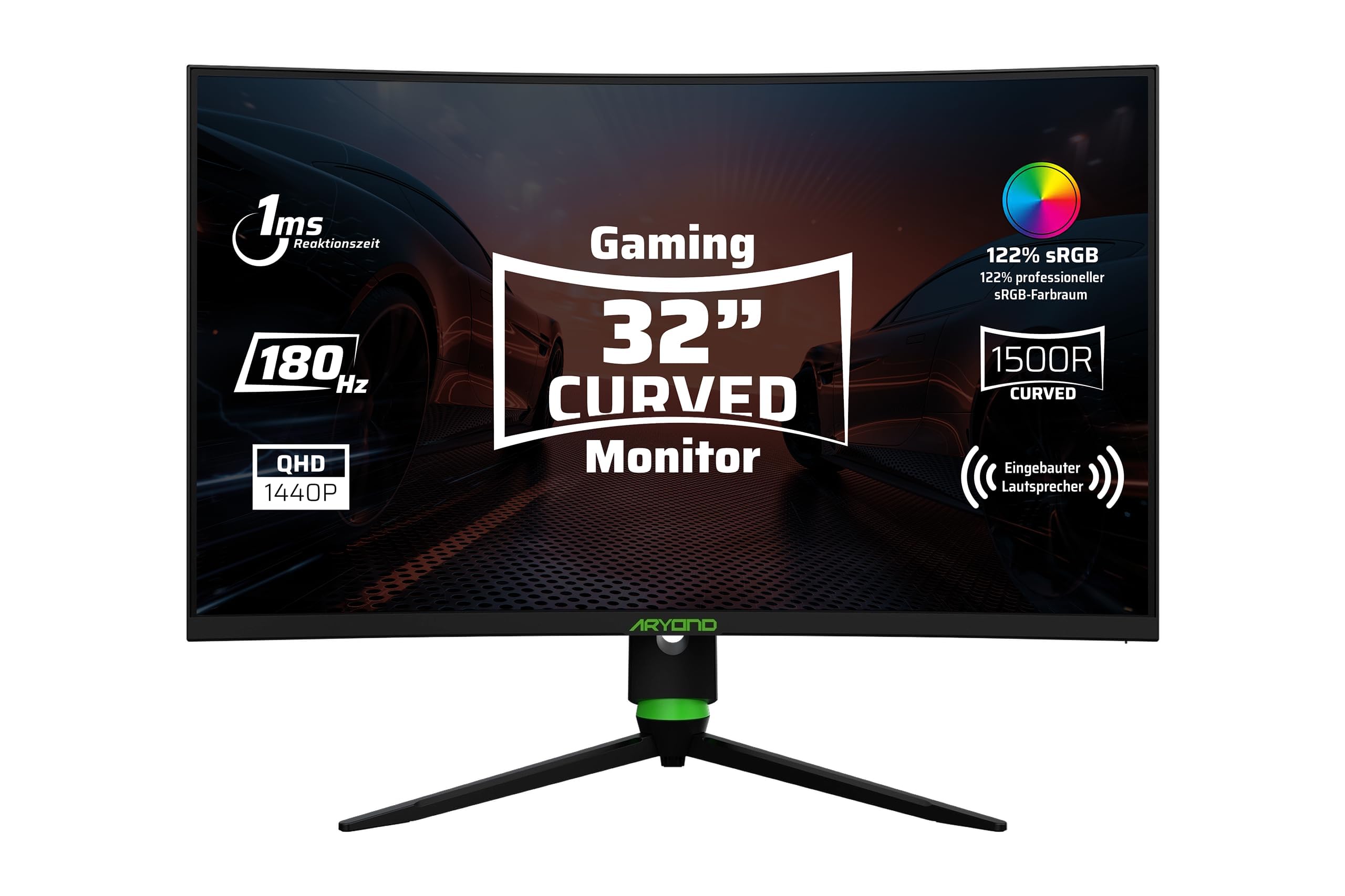 Aryond A32 V2 Curved Gaming Monitor, 32 Zoll(80cm), 180Hz, 1500R, QHD (2560x1440), 1ms, HDR, FreeSync&G-Sync, 122% SRGB, Eye Care, Eingebauter Lautsprecher, HDMI, Display Port, Höhenverstellbar