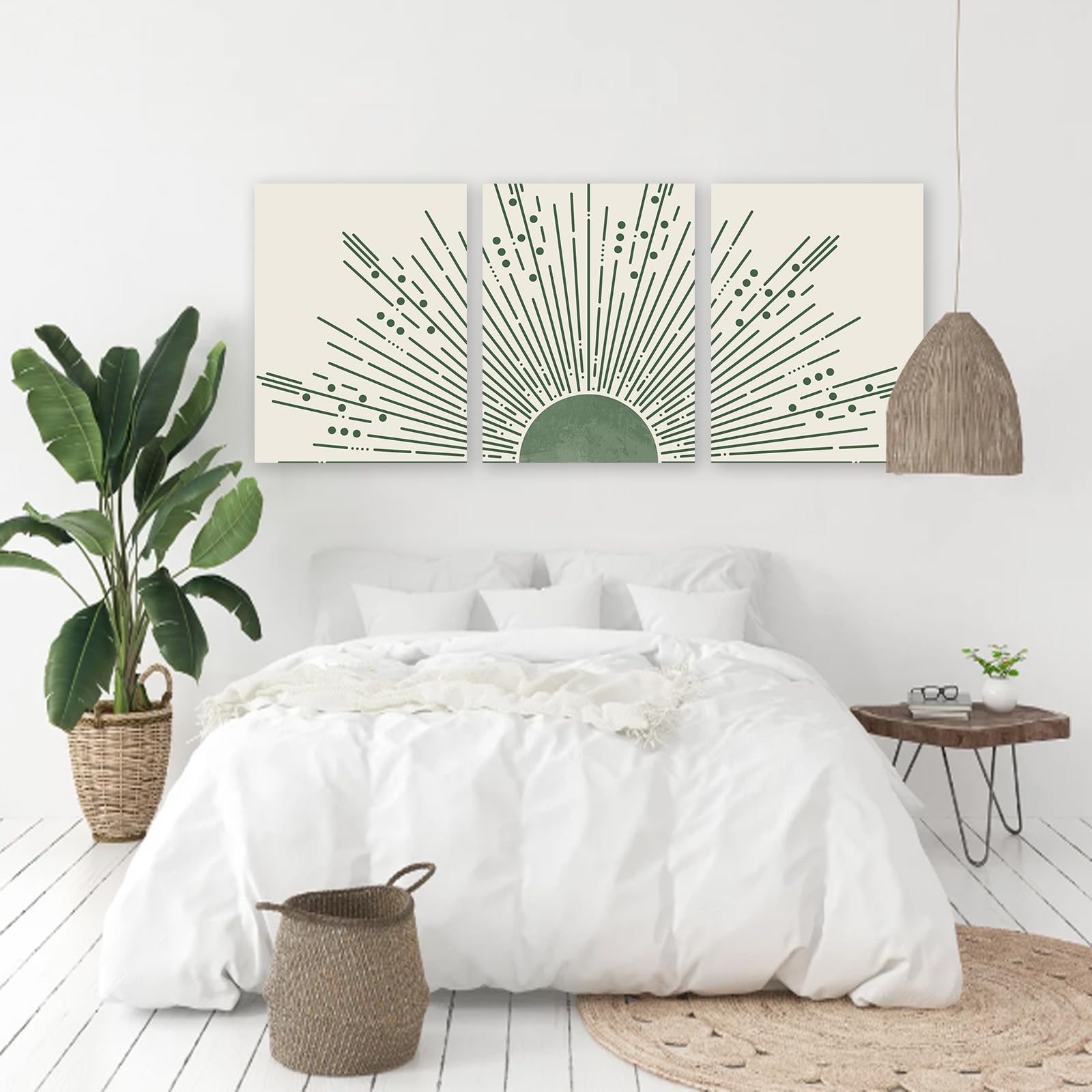 Sage Green Boho Sun Wall Art Set Of 3, KBKBART Framed Canvas Wall Art Sun Rising On The Horizon ...