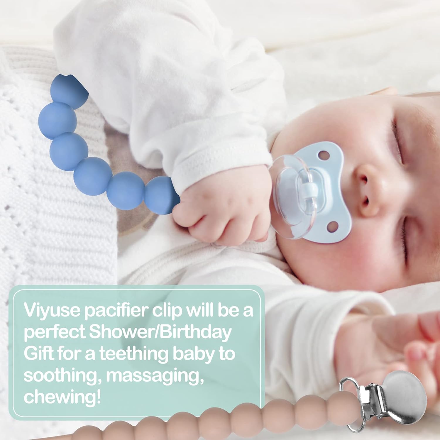 Viyuse Pacifier Clip, One-Piece Teething Silicone Beads Toy, BPA Free Teether Clips Soothers Binky Holder for Newborn Baby Girls and Boys Birthday Christmas Shower Gift (Black 3pack) : Baby
