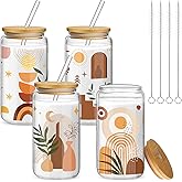 Mumufy 4 Pack Bohemian Neutral Aesthetic 16 oz Glass Cup Tumbler with Bamboo Lid & Straw, Boho Rainbow Abstract Design Iced Coffee Mugs, Gift for Women Mom Sister Mothers Day Birthday