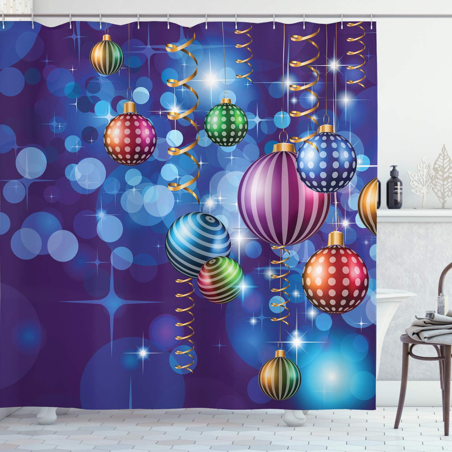 ABAKUHAUS Christmas Shower Curtain, Happy New Year Party Celebrations Swirling Ornaments and Balls Print, Cloth Fabric Bathroom Decor Set with Hooks, 78 Inches, Multicolor