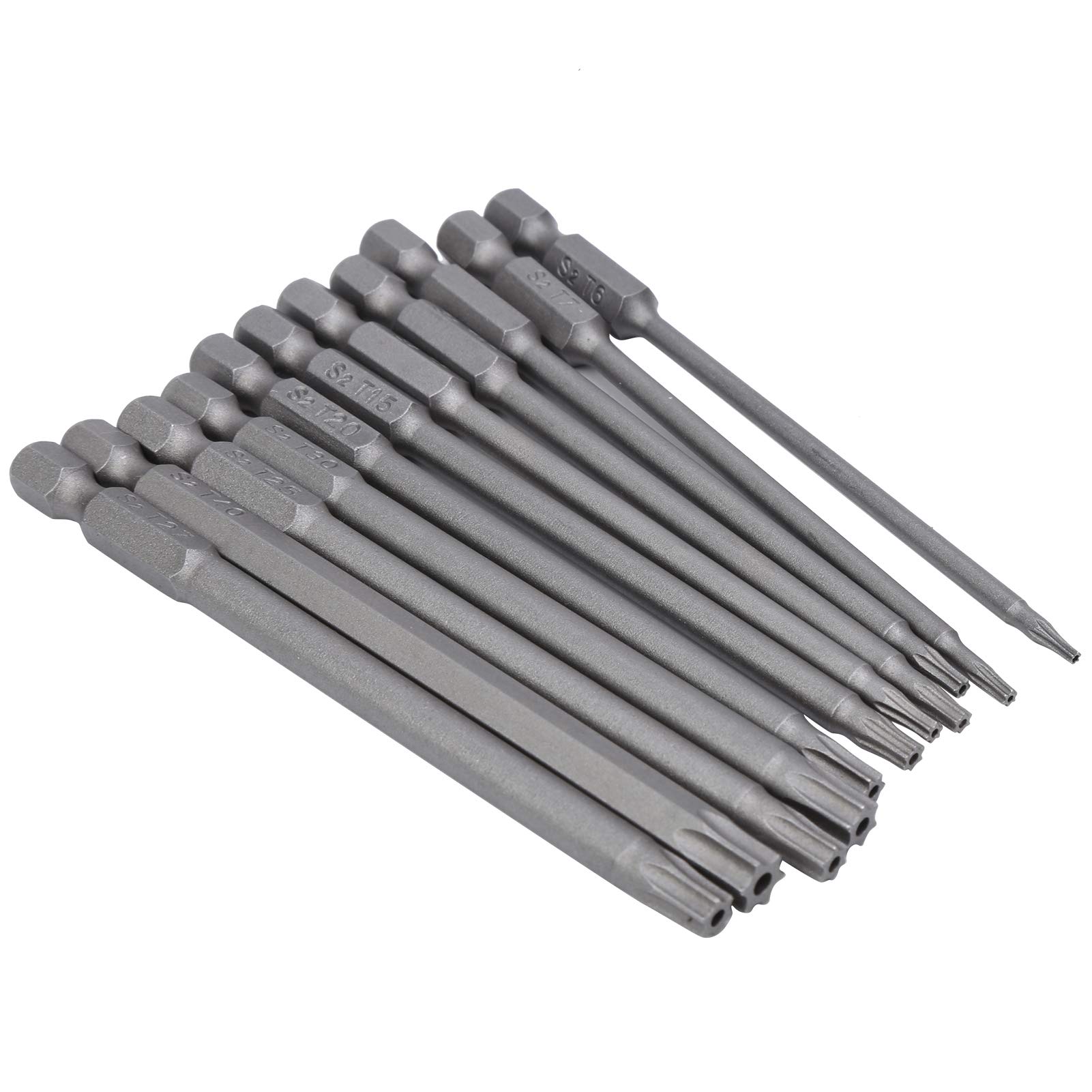 Screwdriver Bits Set of 11 Pieces, T6-T40 Torx Security Screwdriver Bits Set, S2 Steel & 7mm Length Long & 1/4 Inch Hex Shank, for Air and Electric Drill Tools