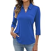 AKEWEI Womens 3/4 Length Sleeve Tops V Neck Casual Basic Tees Work Polo Shirts Collared Summer Top with Front Pocket