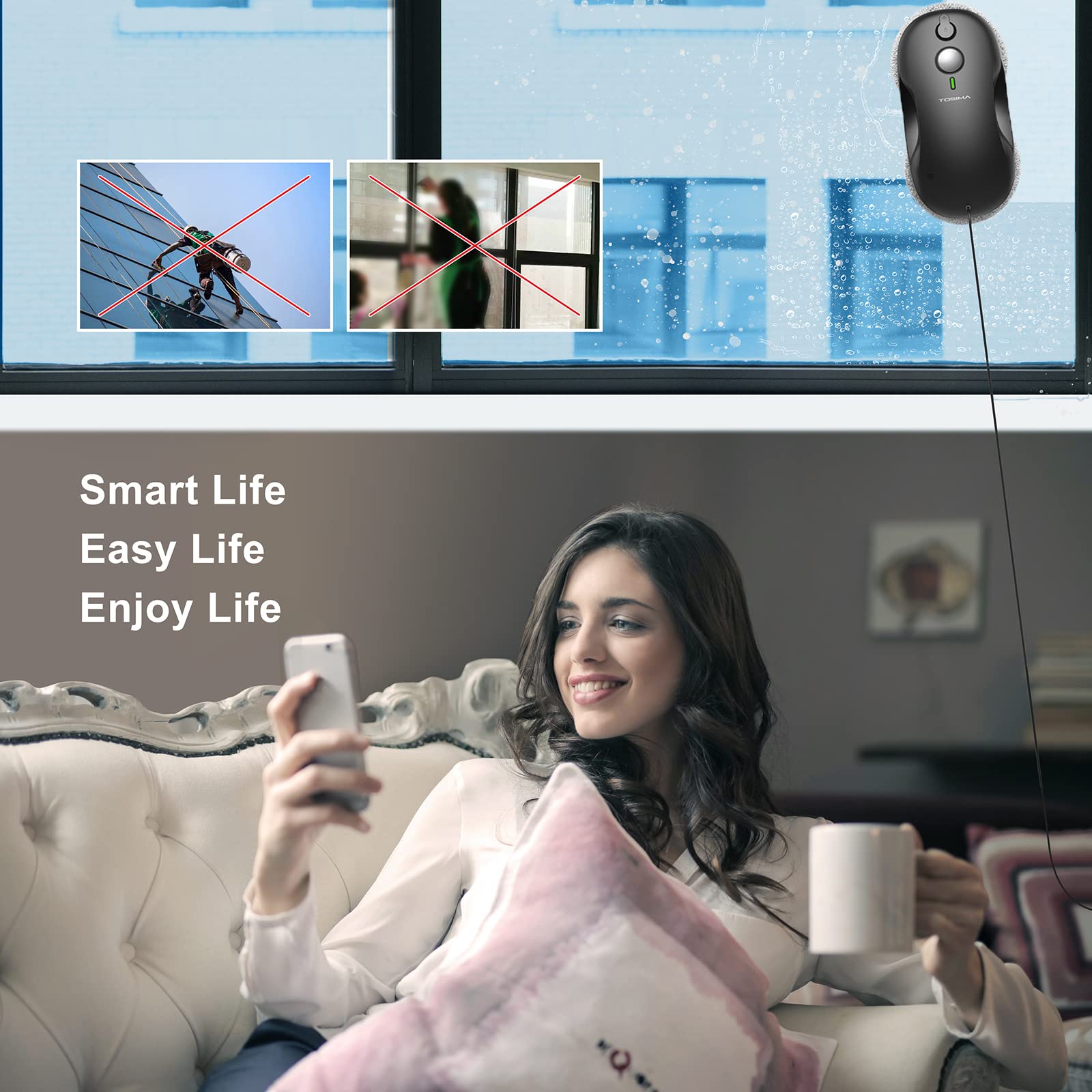 Tosima W3 Robot limpiacristales - Limpiacristales inteligente con pulverización automática de doble dirección con triple sistema de seguridad, navegación inteligente, control remoto, para todas las superficies lisas, con 12 trapos, negro