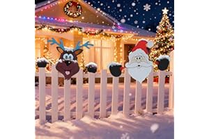 HUYIENO 2pcs Christmas Metal Fence Peeker Decoration Santa & Reindeer Fence Yard Sign Cute Outdoor Christmas Decor for Yards, Patios, Lawn, Pathway, Parking Holiday Decor Art Ornament
