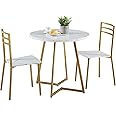 VECELO Small Round Dining Table Set for 2, Wood Tabletop with Strong Metal Frame, Modern Dinette with Chairs for Kitchen, Breakfast Nook Living Room, White & Gold