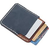 JingRongDa Slim Leather Card Holder Wallet, Minimalist Front Pocket Design, Navy Blue and Brown