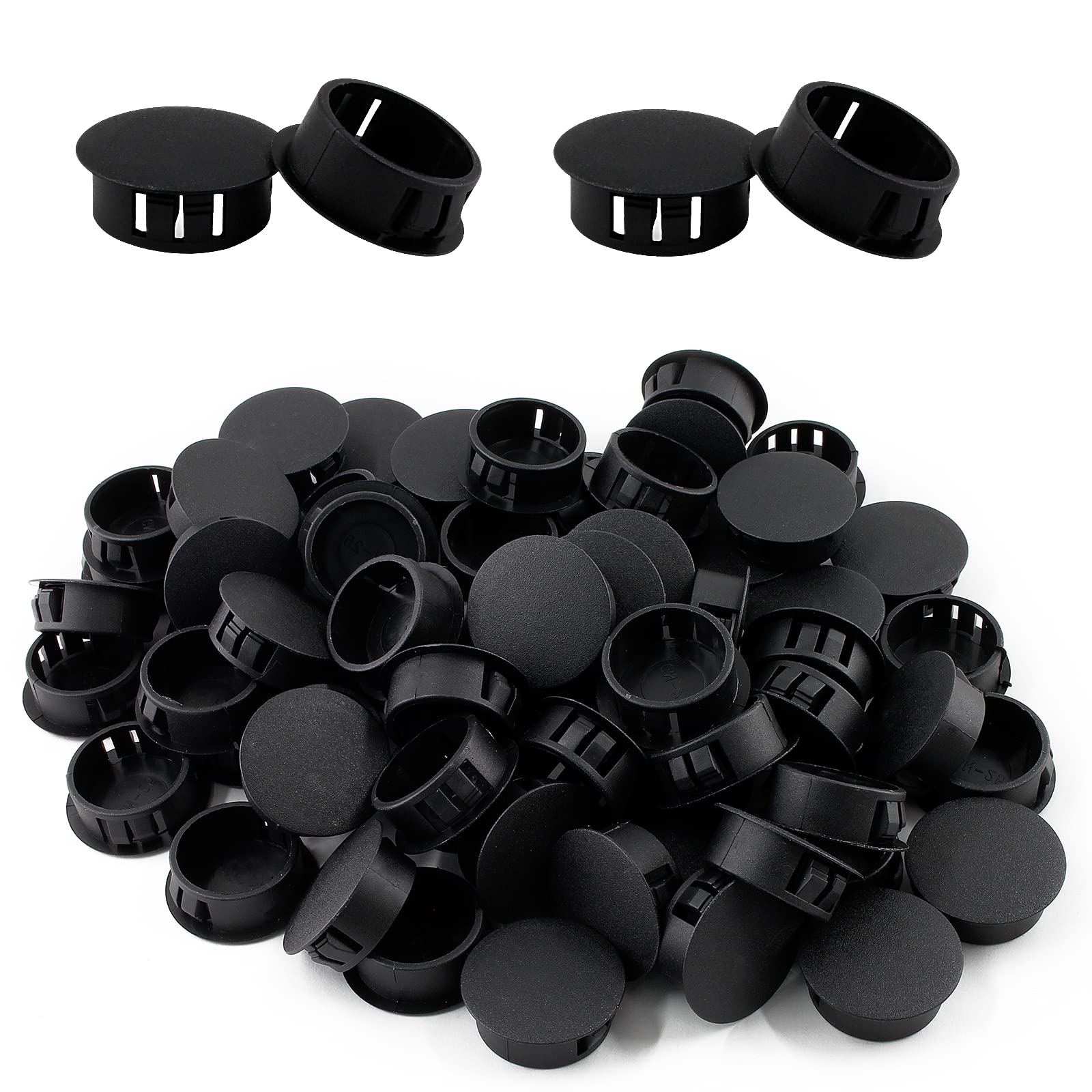 Cjueiom 60pcs 22mm / 7/8" Hole Plugs Black Plastic Hole Covers, Flush Type Drill Hole Cover Caps Snap in Locking Blanking Cap, Post Pipe Insert Screw Hole Cover for Kitchen Cupboard Cabinet Shelf
