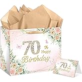 RTMISA 70th Birthday Gift Bag with Tissue Paper and Greeting Card for Women Floral 70th Birthday Gifts Wrapping Paper Bag, Rose Gold 70-Year-Old Present Wrap Party Favor Bday Decorations Supplies