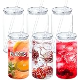 Maucircol 16 Oz Acrylic Plastic Can Tumbler, 6 Pack Plastic Clear Cup Beer Can, Plastic Mason Jar with Clear Lid