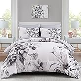 Luxudecor Floral Comforter Set Queen Size 7 Piece, Black Flower Bed in a Bag, Elegant Ink Comforter Bedding Set for All Season (Ink, 90"x90")