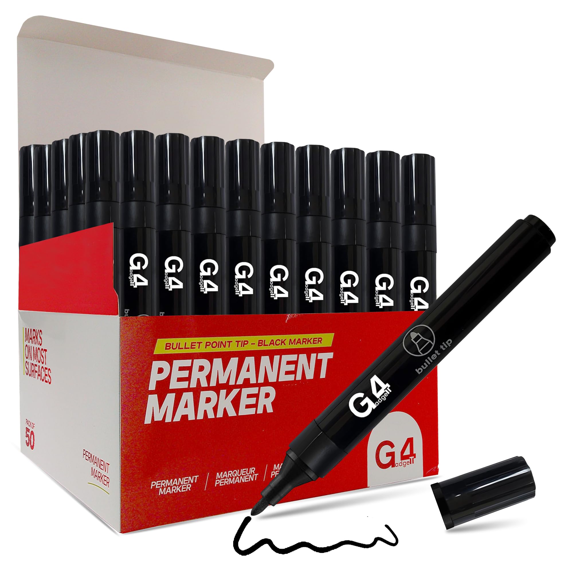 G4GADGET Black Permanent Marker Bullet Tip, Fine Point, Ideal for Plastic, Wood, Metal, and Glass - Durable & Quick-Drying Ink (50)