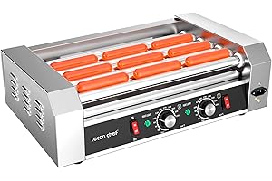 LECON CHEF Leconchef Hot dog roller machine Commercial Grade Stainless Steel Electric 24 Hot Dog 7 Roller Grill Cooker Machine without Glass Cover,1200-Watts,LED Lights