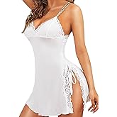 RSLOVE Women Lingerie Sexy Chemise Lace Babydoll Side Split Full Slip Nightgown Modal Sleepwear Nighty