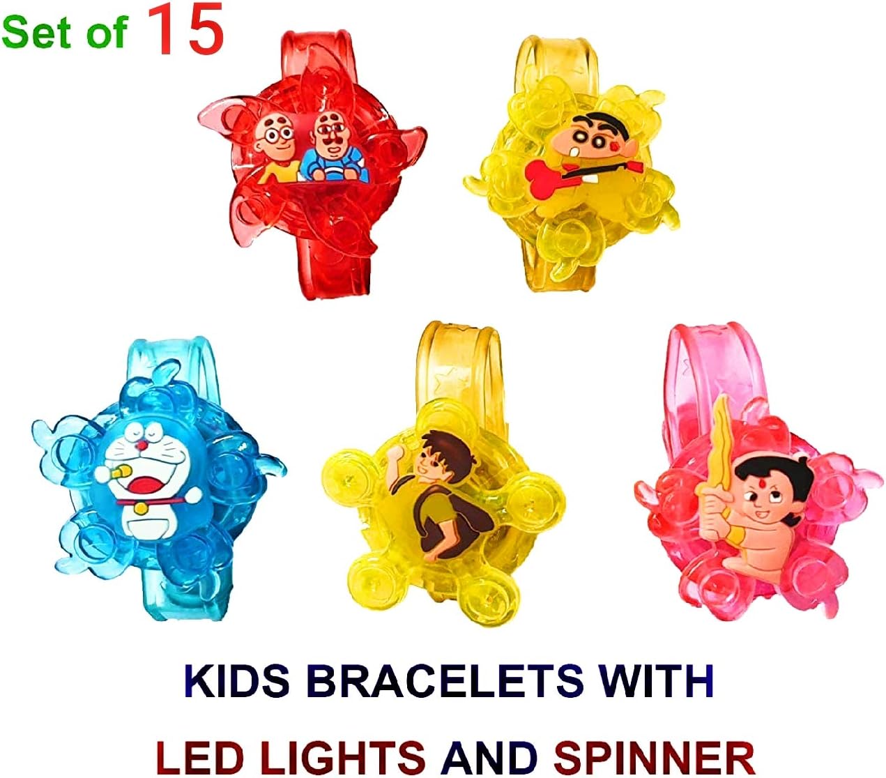 WeKidz Kid's Popular Cartoon Characters Bracelets with LED Lights and Spinner Best Birthday Return Gifts (Set of 15)