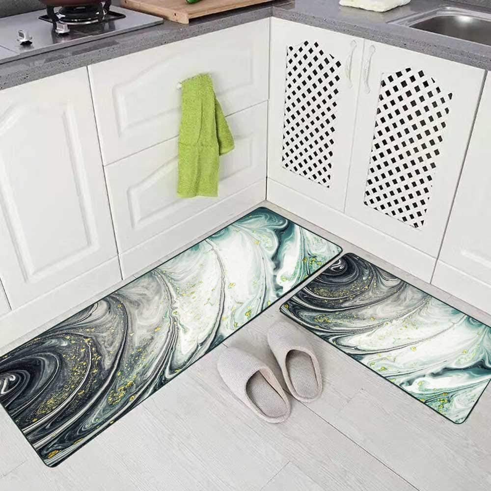 Musesh Soft Kitchen Rugs 2 Pieces,Art Painting Natural Gray Color Metallic Silver Steel Iron Trendy Artwork Swirls Marble The Ripples Washable Non-Slip Kitchen Mat Set 17"X48"+17"X24" Rug for Kitchen