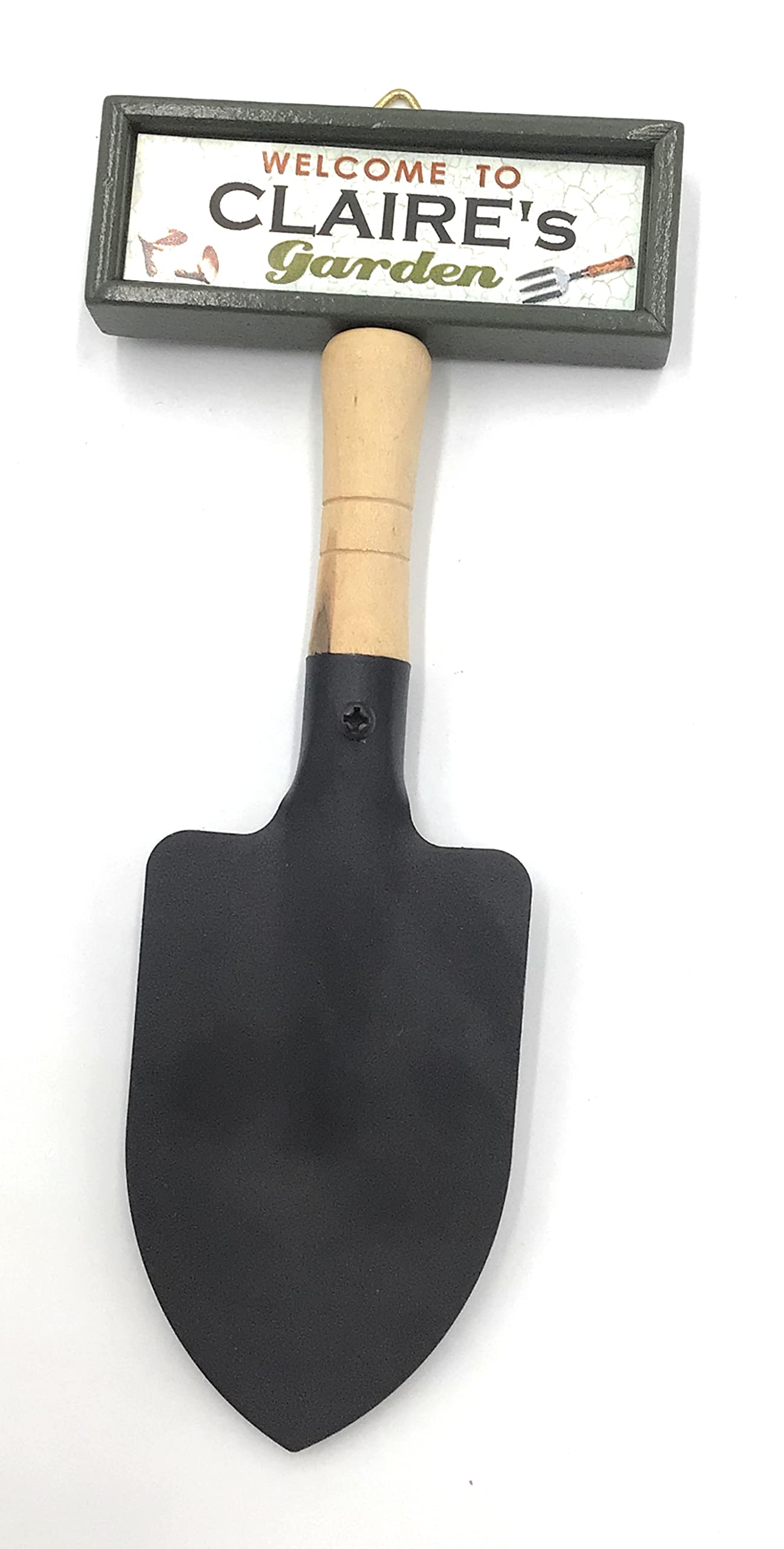 "Welcome to Claire's garden" hanging shovel sign