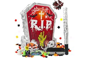 KIDEPOCH Halloween Pinata for Kids and Adults Halloween Grave Pinata with Random Toys, Blindfold Stick and Confetti for Halloween Theme Party Decoration, Cute and Spooky Tomb Pinata Halloween Party Supplies