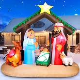 7FT Christmas Inflatable Nativity Scene with Baby Jesus, Parents, Donkey, Sheep, Star, Blow Up Manger Set Indoor &amp; Outdoor Decorations, Built-in LED Lights for Garden, Lawn, Yard, Christmas Parties