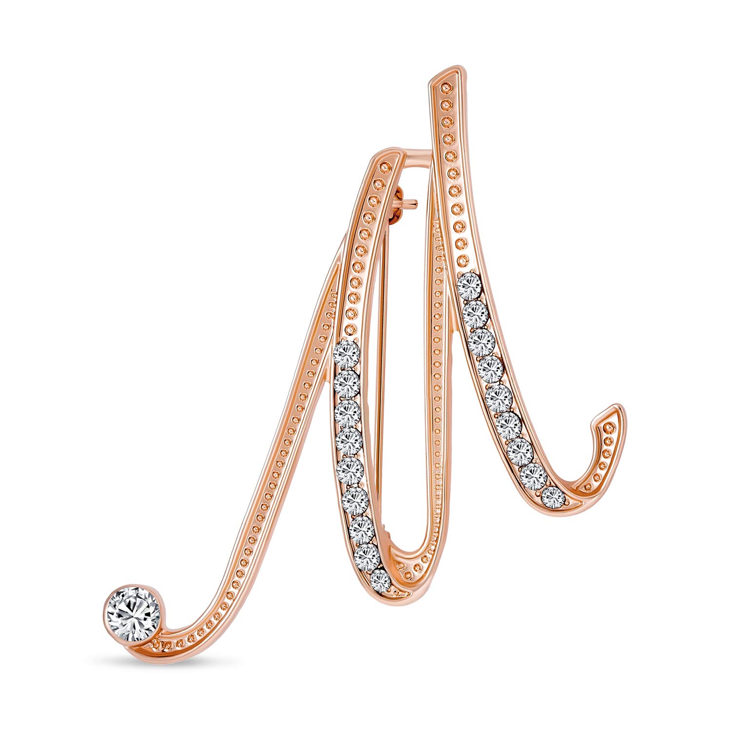 Large Statement ABC Pave Crystal Cursive Script Monogram Letters Alphabet Initial M Scarf Lapel Pin Brooch For Women Rose Gold Plated