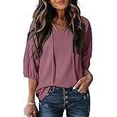 Dokotoo Women's Waffle Knit V Neck Tops Puff Sleeve Tunic Blouse Casual Summer Eyelet Shirts