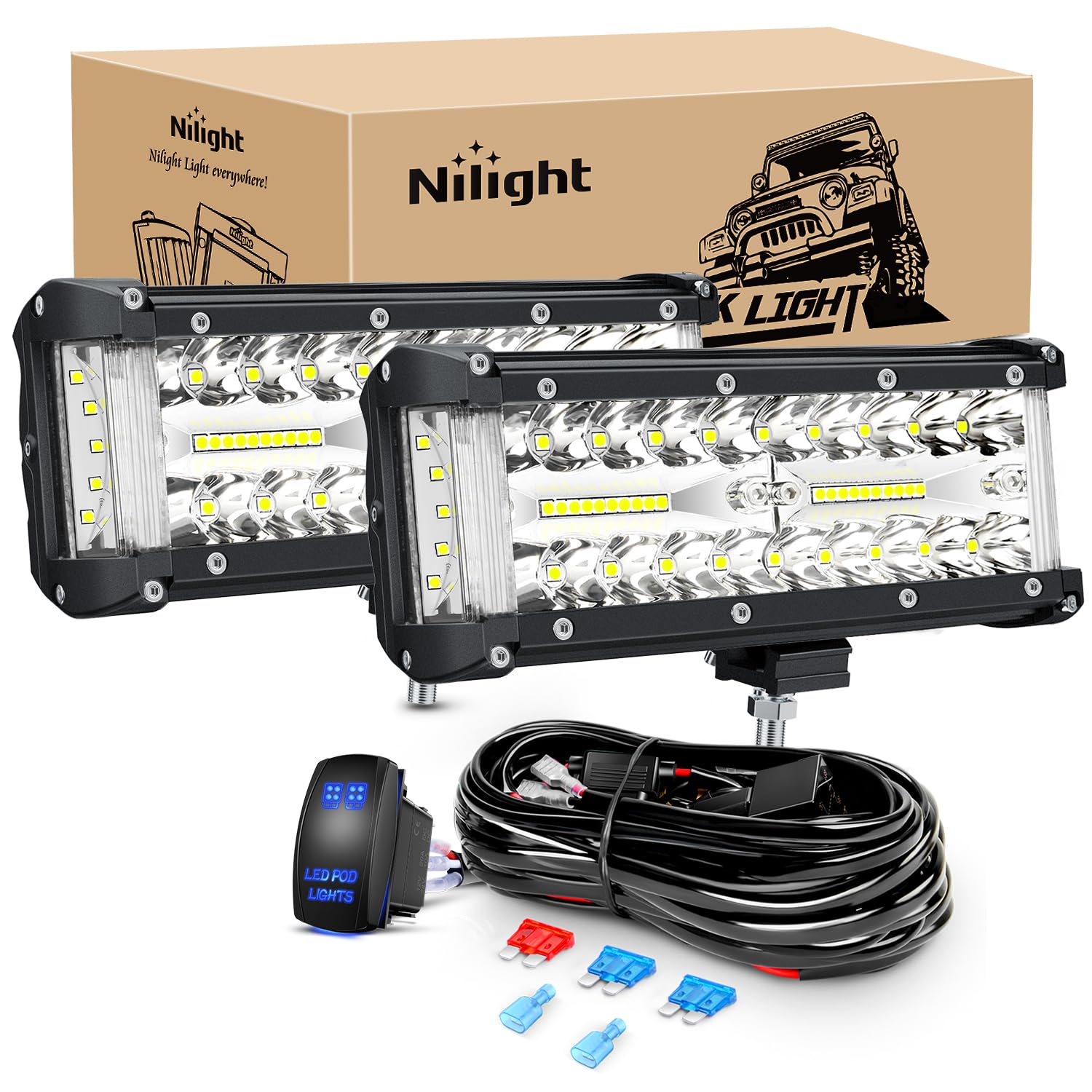 Nilight Side Shooter LED Light Bar 2PCS 7 Inch Triple Row Spot Flood Combo Lights Work Lighting with 5Pin Rocker Switch Wiring Harness Kit for Off Road Light on Truck SUV ATV UTV Image