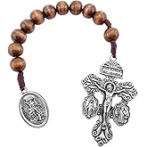 Generic Catholic Prayer Pocket Rosary Pardon Crucifix Saint Michael the Archangel Medal Brown Wood Beads Corded Rosary Virgin Mary Medal St Benedict Medal Tenner One Decade Rosary