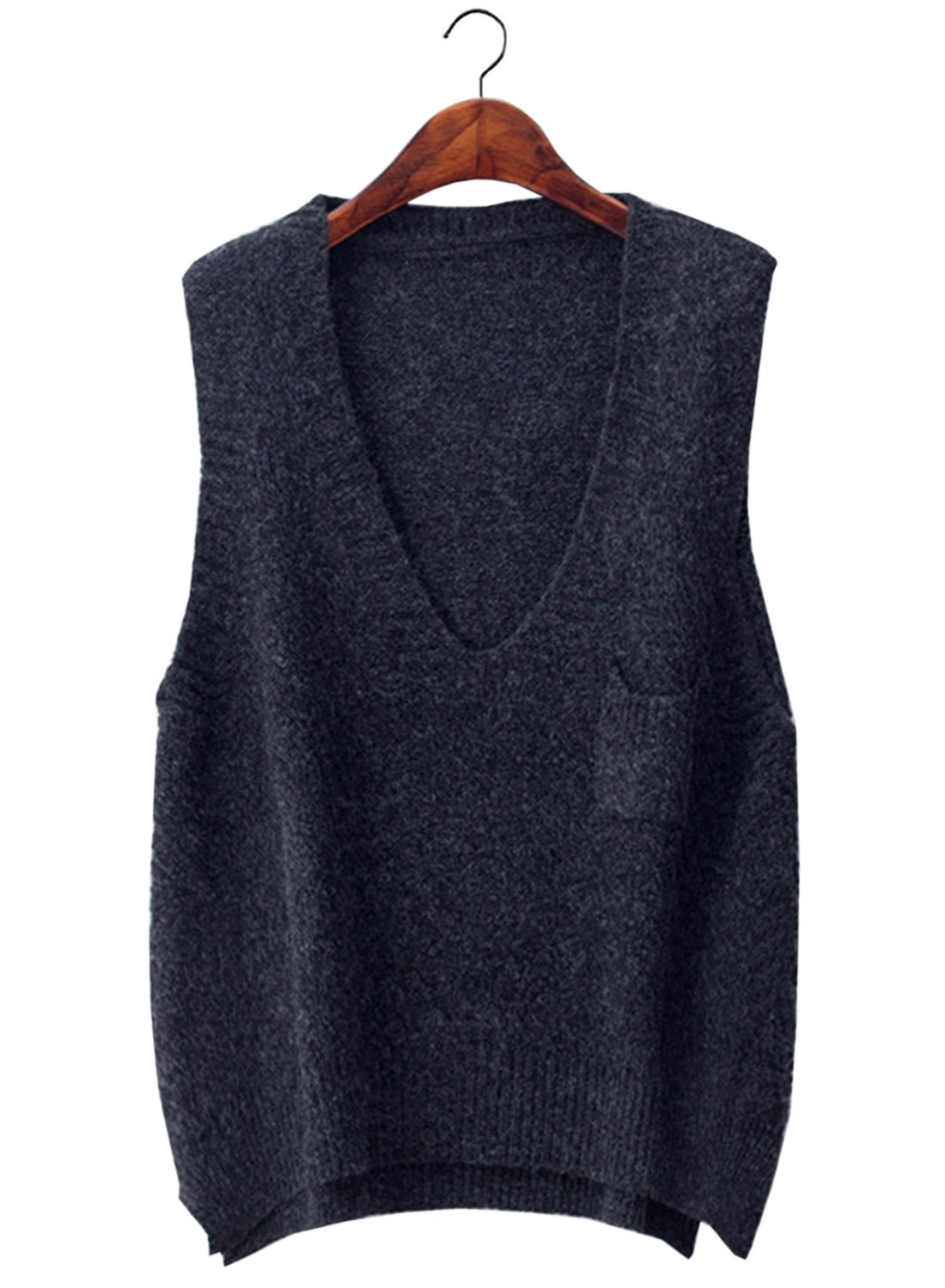 futurino Women's Boxy Solid Color Low V Neck Marled Knitted Sweater