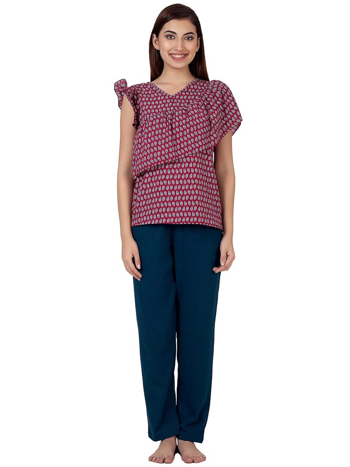 clovia women's crepe printed frilled top & cotton rich pyjama