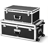 VEVOR Storage Trunk, Set of 2, Wooden Suitcase Storage Boxes with Padlocks, Large Trunk Includes Casters and 3 Metal Handles, Decorative Store Chest with Lids for Travel, Apartment, Dorm, Black