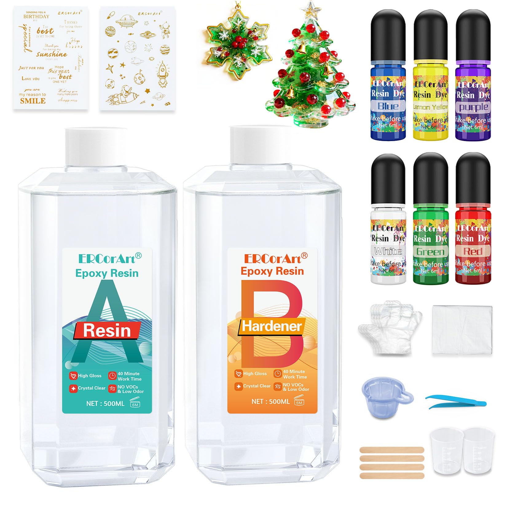 ERCorArt Epoxy Resin Kit - 1000ml/33.8oz Crystal Clear Casting Resin Kit with Droppers, Sticks, Gloves and Resin Glitter for Tumblers, Jewelry Resin, Molds, DIY Crafting Resin Kit