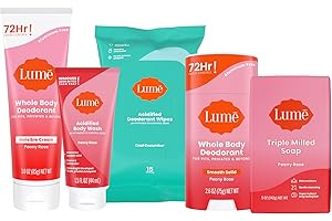Lume Skin Care Gift Set for Women, Whole Body Deodorant Starter Pack - Smooth Solid Stick, Invisible Cream Tube, Acidified Body Wash Mini & Deodorant Wipes - Aluminum Free Odor Control (Peony Rose)