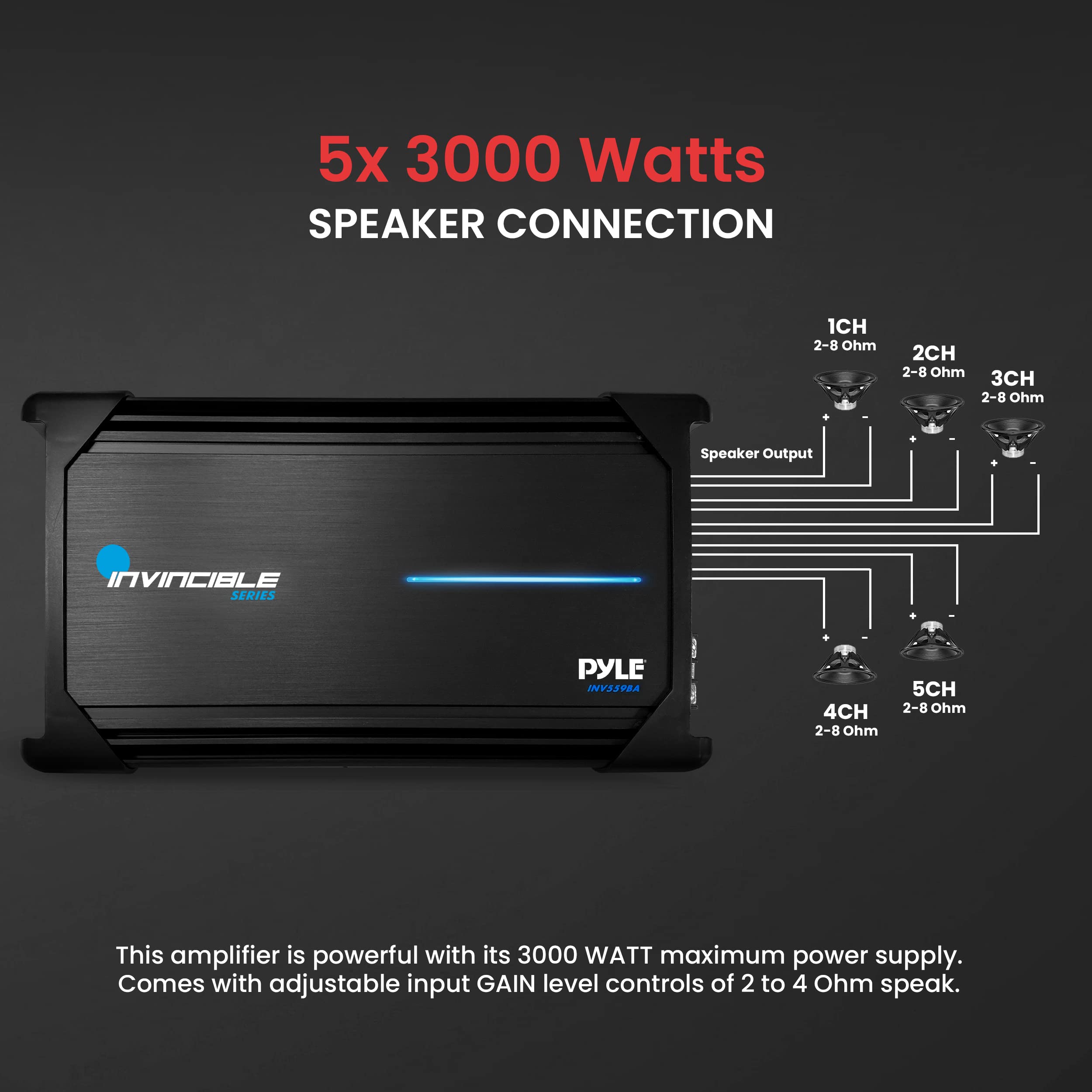 Pyle 18” Class AB Mosfet Amplifier - Invincible Series Bridgeable Amp, 5 Channel 3000 Watts Max, Mosfet PWM Power Supply, High-Current Dual Discrete Drive Stages, Wireless BT Audio Interface