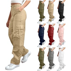 Wkishenl Cargo Pants for Women High Waist Baggy Casual Straight Leg Trousers Athletic Outdoor Hiking Pant with Multi-Pockets