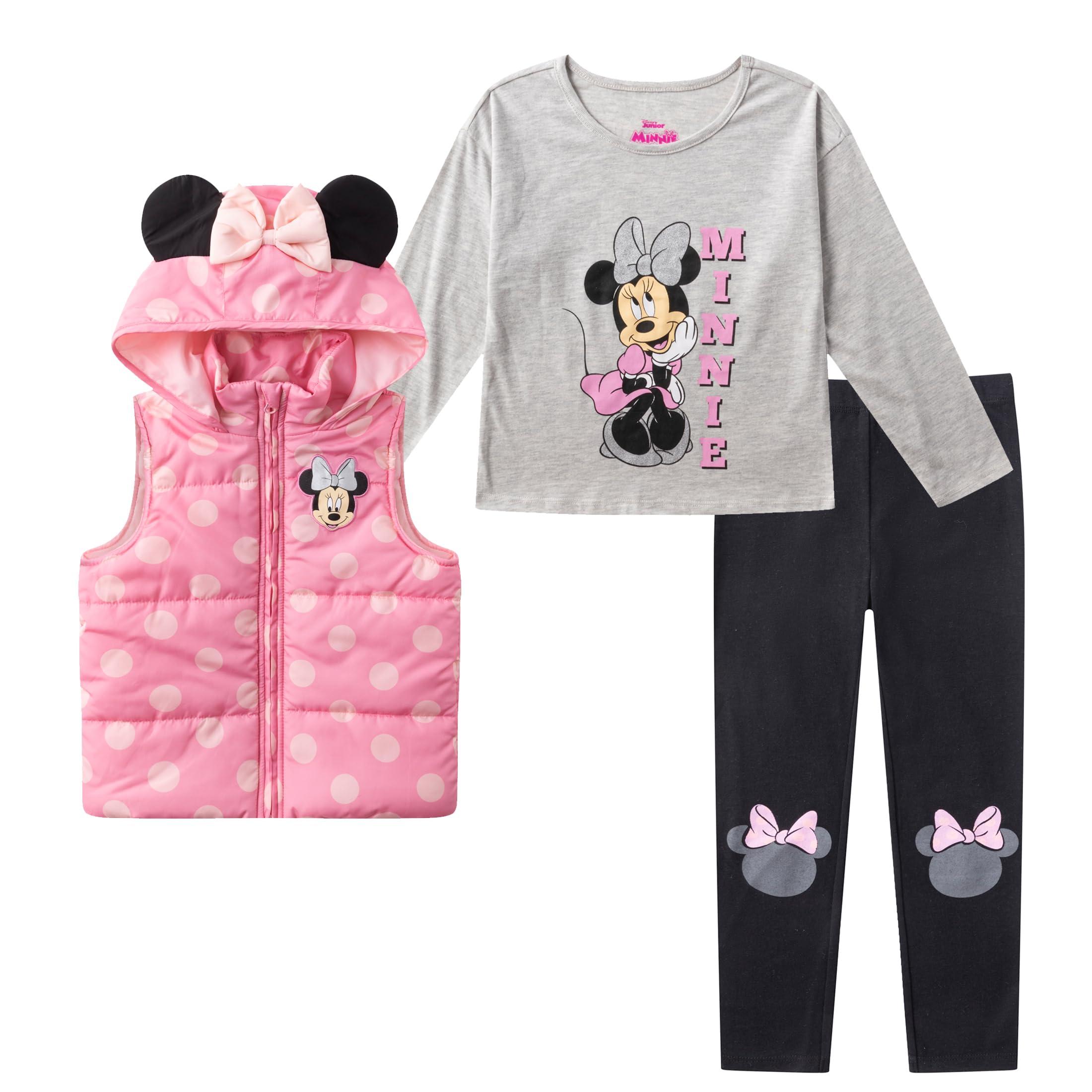 Photo 1 of Disney Princess Minnie Mouse Frozen Elsa Anna Girls Long Sleeve Shirt, Vest and Legging Pants Set for Toddler and Little Kids