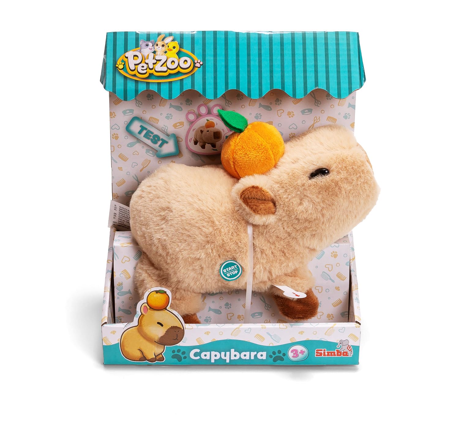 Simba PetZoo Capybara Stofftier – mit Orange auf dem Kopf, läuft und Macht süße Geräusche, Try Me-Funktion, interaktives Plüschtier, 17 cm, ab 3 Jahre 7