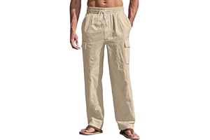 TAFLE Men's Linen Pants Casual Cargo Pants with Pockets Lightweight Elastic Waist Drawstring Pants Baggy Beach Pants
