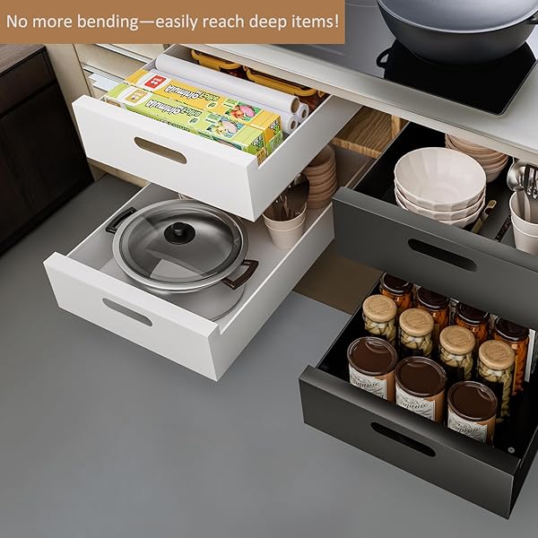 1 PACK | 21″ DEEP PULL OUT CABINET ORGANIZER ADHESIVE, 10-INCH WIDE STURDY CARBON STEEL ROLL-OUT DRAWERS FOR FACE FRAME OR FRAMELESS CABINETS,SLIDE-OUT SHELVES FOR PANTRY.