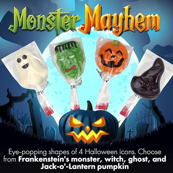 FUSION SELECT CANDY LOLLIPOPS – HALLOWEEN SUCKERS – TRICK OR TREAT CANDIES FOR KIDS – FRANKENSTEIN’S MONSTER, JACK O LANTERN, GHOST & WITCH HAT SWEETS – INDIVIDUALLY WRAPPED – 30 PER BOX