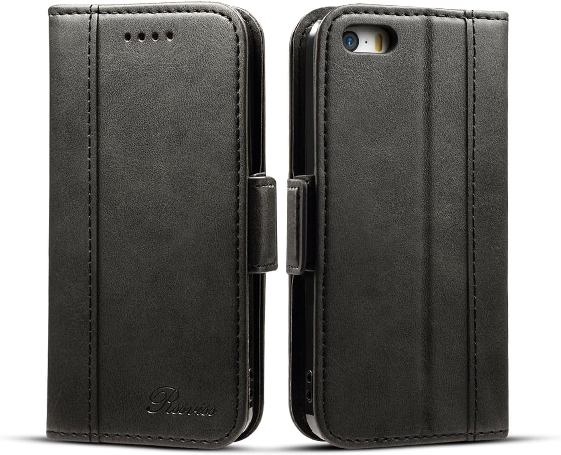Rssviss iPhone SE Case iPhone 5s/5/SE(1st Gen) Wallet Case,Handmade PU Leather Magnet Wallet Flip Case Cover with Built-in Credit Card/ID Card Slots for 5s/5/SE(1st Generation,2016)-4.0 inch,Black