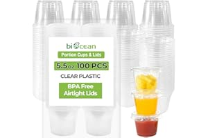 Biocean Plastic Portion Cups with Lids (5.5oz-100CT) - Jello Shot & Condiment Cups for Jams, Honey, Sauce